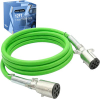 12 FT 7 Way Plug ABS Straight Cable Assembly for Power Brake Lights Green Jacket for Semi Truck Trailer Tractor